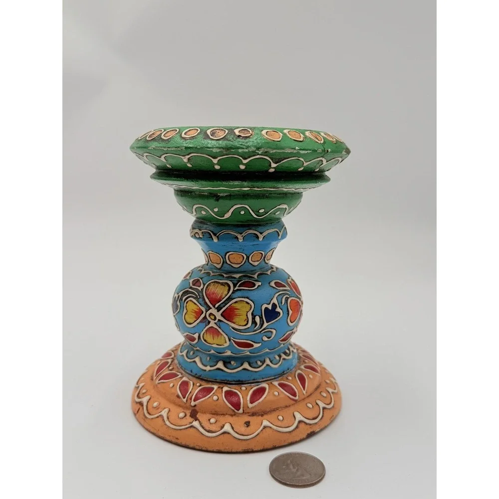 World Market Hand Painted Candle Holder Bohemian Folk Art Pillar Votive 6